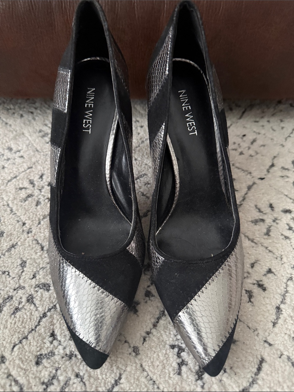 Nine West Metallic Silver and Black Pointed Toe Heels